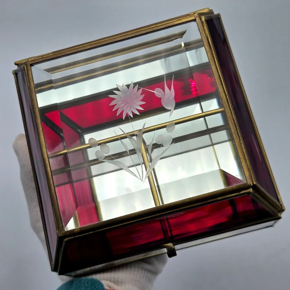 Vtg Glass & Brass Domed Jewelry Box Red Clear Casket Mirrored Bottom Beveled Top